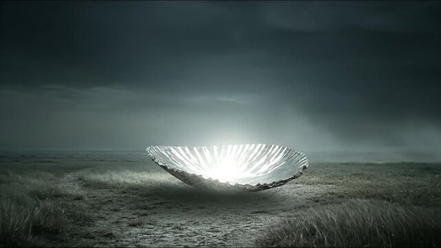 A large, iridescent shell rests in a field, emitting a brilliant light under a dark, stormy sky
