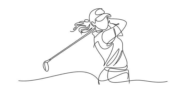 Minimalist continuous line drawing of a female golfer executing a powerful swing Vector, illustration