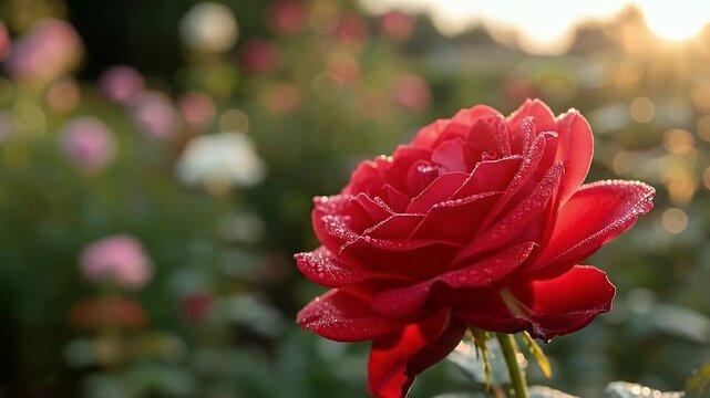 A stunning close-up of a luxurious bouquet of vibrant red roses, each petal meticulously adorned with delicate sparkling gems. Several prominent heart-shaped jewels, enhanced with shimmering lens flar