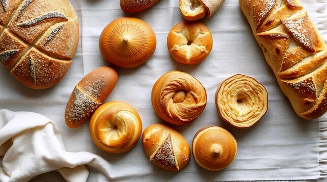 Assorted artisanal breads and pastries arranged on a white textured surface viewed from directly above