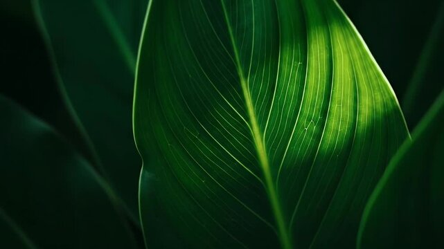 A stunning close-up of a vibrant, dark green tropical leaf, showcasing its intricate vein structure under soft, natural light. The camera subtly captures the delicate network of lines and textures, re
