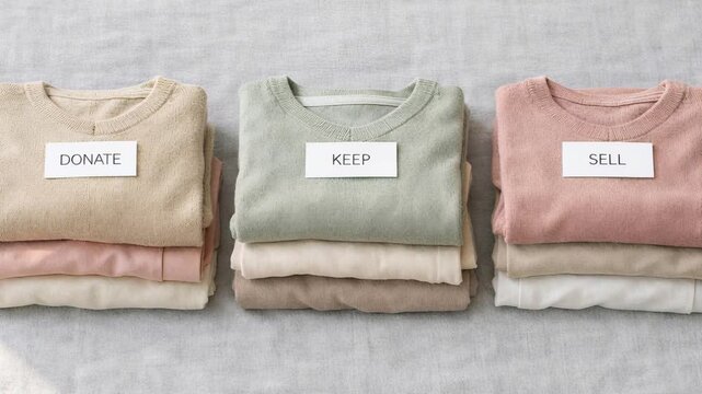 Tidy piles of folded clothes sorted into three categories for decluttering and organizing a wardrobe, one pile to donate, one to keep, and one to sell for a more minimalist lifestyle
