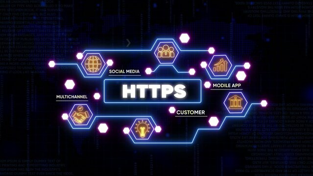 Digital HTTPS security concept with glowing hexagons and API icons in futuristic cyber network for business and technology
