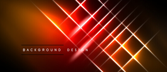 Naklejka premium Abstract background features vibrant red, orange lines. Geometric shapes create dynamic visual effect. Dark areas contrast bright illumination.