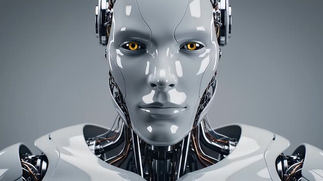 Close-up portrait of a white humanoid robot with golden eyes