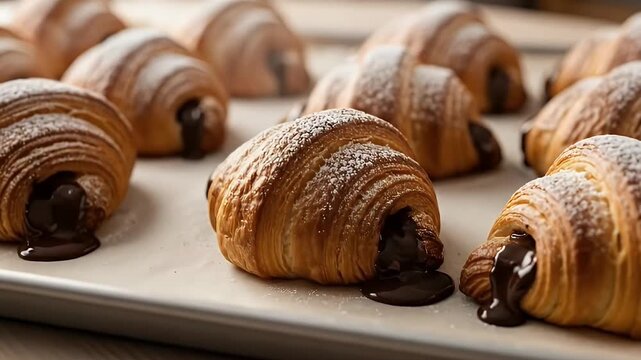 A tempting close-up shot of numerous freshly baked pastries, possibly croissants, still warm and resting on a metal baking tray. Each golden-brown delight is generously dusted with white powdered suga