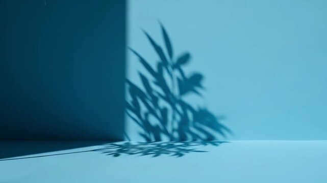 A tranquil, minimalist studio corner is bathed in a soft, ethereal blue light, creating a calming and refreshing ambiance. Dynamic shadows, resembling elegant botanical elements, gracefully dance and 