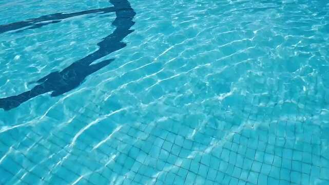 A tranquil overhead shot captures the shimmering, crystal-clear blue water of a swimming pool on a bright sunny day. Sunlight dances across the surface, creating captivating wavy patterns and reflecti