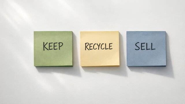 Colorful sticky notes with the words keep, recycle, and sell written on them, representing the decluttering process and making conscious decisions about belongings for a minimalist lifestyle