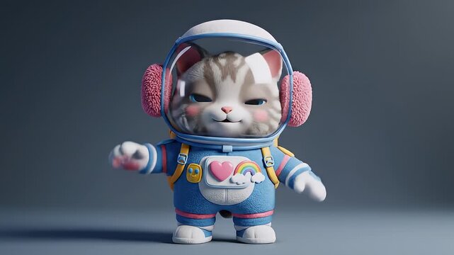 3D cartoon cat character in a blue and white astronaut suit