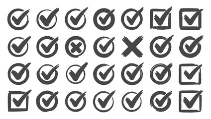 Green check mark and red cross icon set, circle and square. Tick symbol in green color. Hand drawn checkmark illustration © Ratul GFX