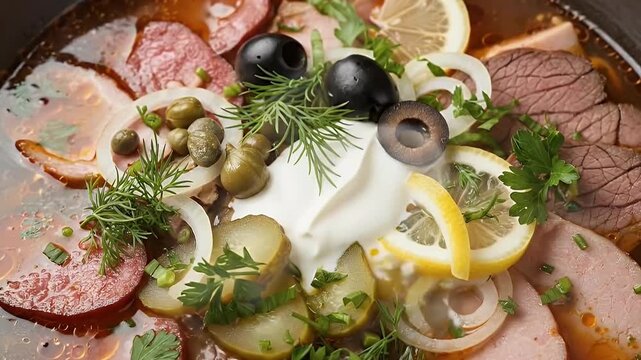 A vibrant and appetizing close-up view captures a rich, savory stew, generously garnished with an array of fresh ingredients. Various sliced cured and cooked meats, glistening in the hearty broth, are