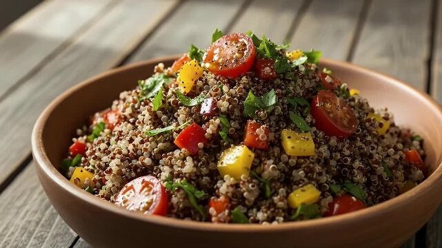 A vibrant and appetizing close-up of a fresh, wholesome grain salad presented beautifully in a rustic wooden bowl on a weathered wooden table. The healthy dish features fluffy, cooked grains mixed wit