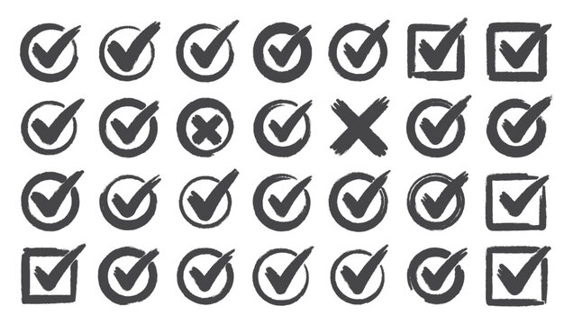 Green check mark and red cross icon set, circle and square. Tick symbol in green color. Hand drawn checkmark illustration