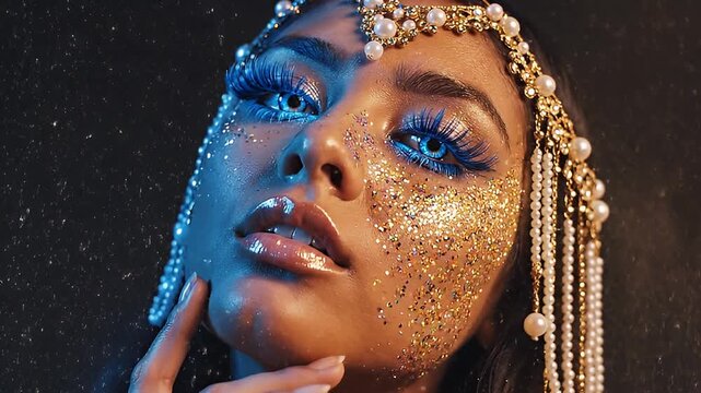 Woman with glowing blue eyes and glitter makeup wearing a crown