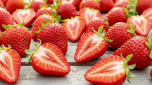 A vibrant close-up captures an abundance of ripe, red strawberries scattered across a rustic wooden surface, with several berries neatly halved to expose their juicy, delectable interior. The fresh fr