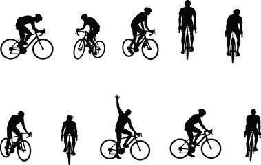 Obraz premium Cyclist silhouettes riding bicycles in different angles, professional road cycling action poses collection, sport fitness activity concept