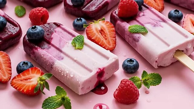 A vibrant close-up shot presents an inviting array of homemade fruit popsicles, artfully arranged on a soft pink background. Each refreshing ice pop, featuring delicious layers of creamy white and dee