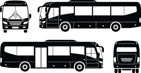 Bus silhouettes collection showing front side and perspective views, modern coach and city bus transportation concept, black vehicle figures isolated on white background vector illustration © Lotus
