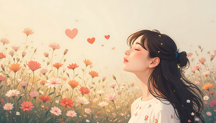 Naklejka premium Wellness Illustration of Person Smelling Flowers with Floating Cartoon Hearts.