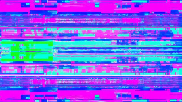 Abstract digital glitch animation with vibrant colors and distorted patterns. Represents the chaos and unpredictability of technology in modern media