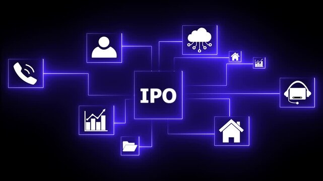 IPO cloud network concept with handshake graph phone head gears people and hacker icons glowing blue neon on black background digital finance technology abstract.4k animation video.