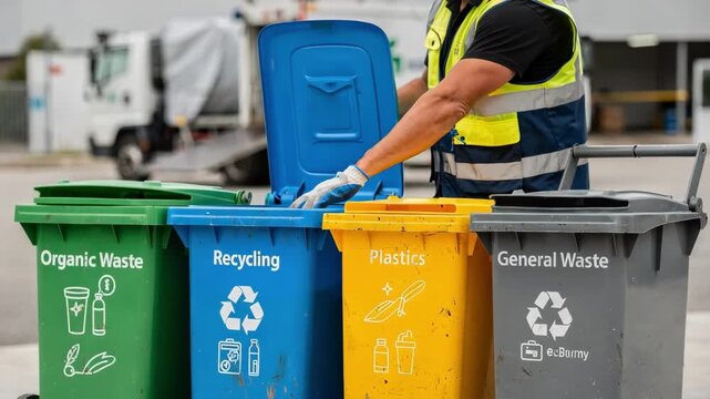 Focused medium shot of collection time in progress with a worker handling segregated bins sharp detail on bins the environment softly blurred to convey active waste management.