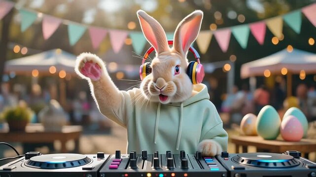 A cheerful rabbit wearing headphones spins music on a DJ deck at an outdoor party with festive decorations.