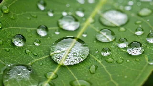 A vibrant green leaf is beautifully adorned with numerous crystal-clear water droplets, reflecting the surrounding light. Each droplet acts like a tiny lens, magnifying the intricate textures and vein