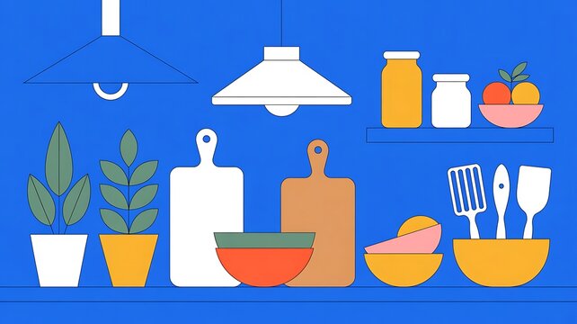 kitchen decorations ideas flate design on blue background .