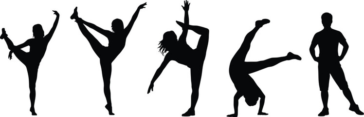 Dancer and gymnast silhouettes performing flexible poses, ballet yoga and acrobatic movements, artistic body balance concept, black human figures isolated on white background vector illustration © Lotus
