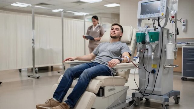 Medium shot of a patient receiving ambulatory dialysis in a brightly lit standard shift unit dialysis chair and machine sharply focused with blurred background privacy dividers.