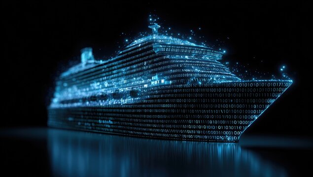 A cruise ship shape made of binary code