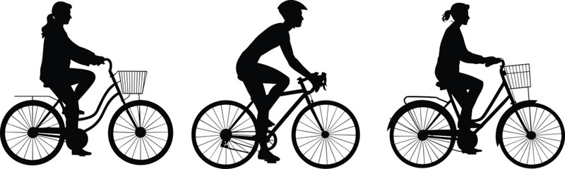 Obraz premium Cyclist silhouette vector, bike rider icons, black bicycle illustration, road and city cycling, editable graphic, sport commute design, minimal