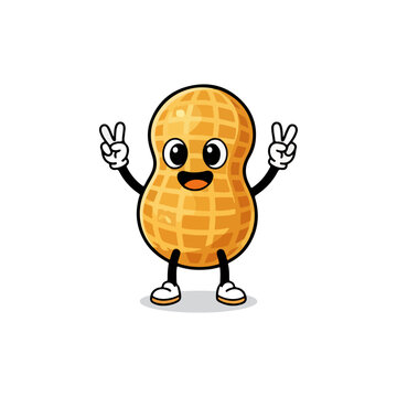 Cute Peanut Cartoon Character Showing Peace Sign.
