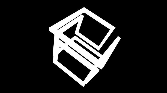 Seamless 4K abstract 3D animation of a distorted square form with strong perspective shift. Minimalist white geometric lines on black background, ideal for modern tech and motion design.