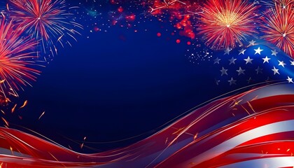 Independence Day banner with flag and fireworks.