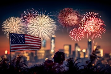 American flag with fireworks over city.