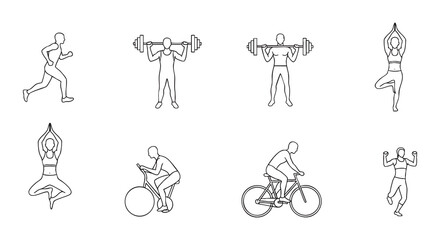 Obraz premium Vector Illustrations of Running, Weightlifting, Cycling, and Yoga Poses