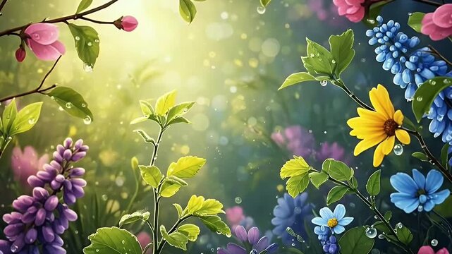An enchanting and vibrant garden scene unfolds with a rich tapestry of colorful blossoms and lush green foliage. Delicate pink, vivid blue, cheerful yellow, and soft purple flowers are adorned with sp