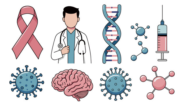 World Cancer Day vector icon set featuring pink ribbon doctor character DNA strand syringe virus and human brain for healthcare awareness campaign and disease prevention concept