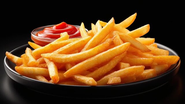 A plate overflowing with golden, crispy fries, with a small bowl of red dipping sauce