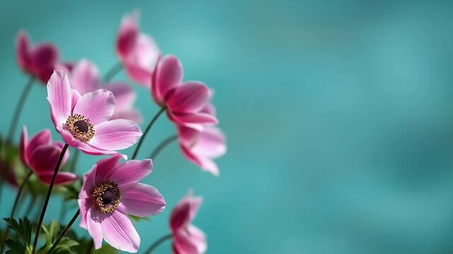 Beautiful pink flowers with delicate petals and dark centers stand out against a softly blurred, vibrant teal background. This serene and visually appealing botanical composition evokes feelings of sp