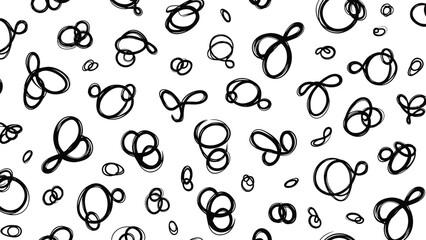 Abstract black and white pattern features a dense arrangement of hand drawn scribbles and loops creating a chaotic yet artistic texture.