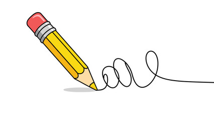 Classic yellow pencil with a red eraser draws a continuous curly line across a white surface representing creativity and art projects.