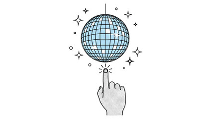 Obraz premium Hand reaches up to point at a sparkling blue disco ball surrounded by stars in a clean illustration suitable for a party or dance event.