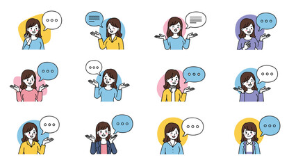 Fototapeta premium Set of twelve female characters in different professional outfits expressing various emotions with speech and thought bubbles.