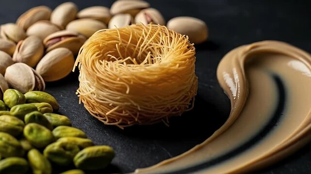Elegant close-up: golden pastry nest, vibrant shelled pistachios, unshelled nuts, and a creamy swirl on dark. Ideal for culinary promotions, food advertising, and showcasing premium dessert ingredient
