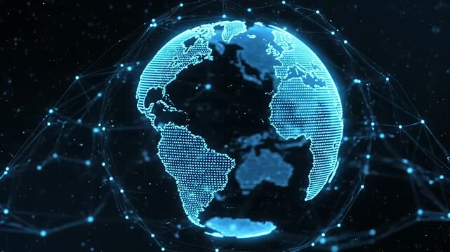 Rotating planet Earth with glowing blue digital network lines covering globe surface representing global connectivity