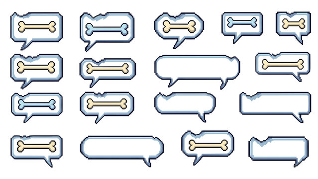 Pixel art collection of speech bubbles featuring dog bones inside representing dialogue or thoughts for pet related games and apps.